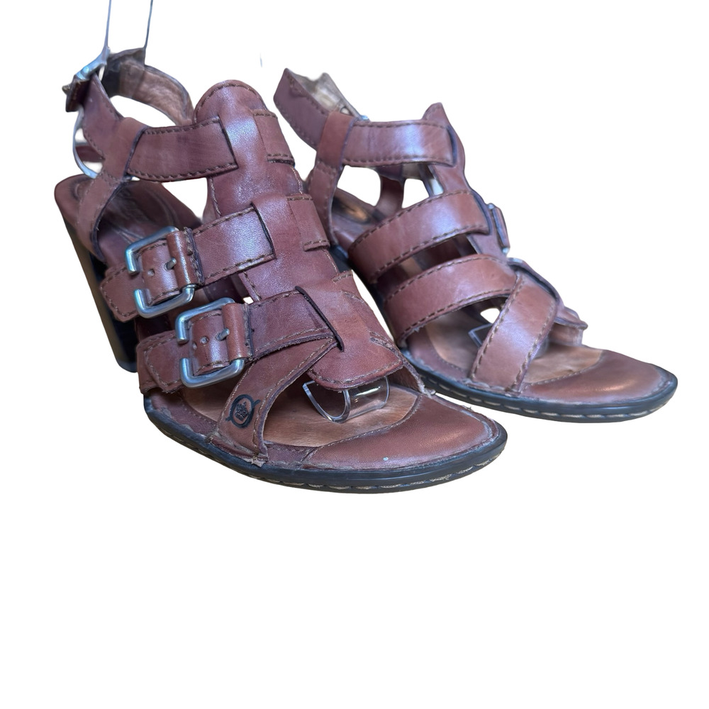 Born Brown Leather Chunky High Heel Strappy Sandals Open Toe Shoes Boho sz 8
